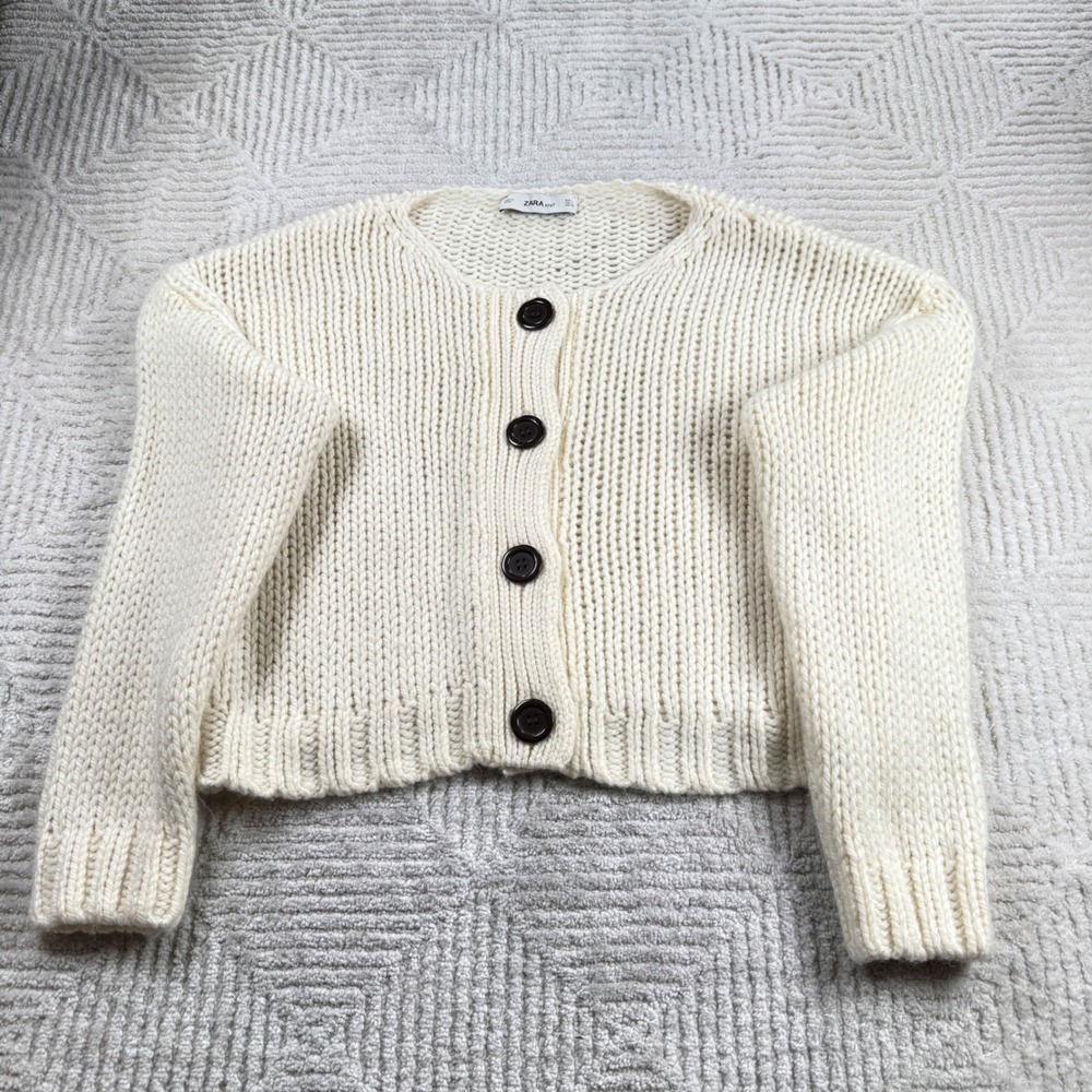Zara Cardigan Womens L Cream Chunky Wool Mohair Cropped Sweater Coquette Grandma